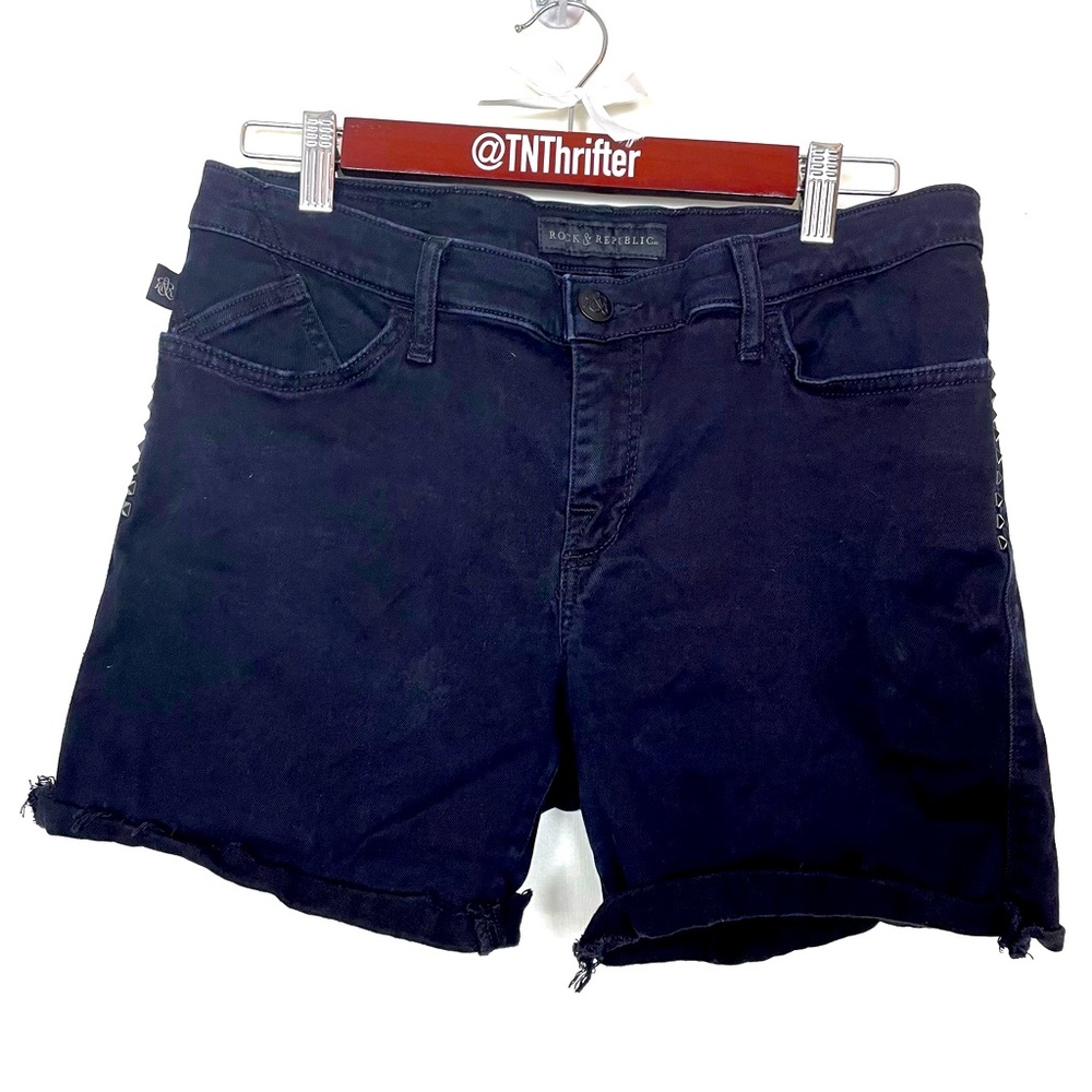 Rock and Republic Girl’s Size 14 Black Studded Raw Hem Cuff Denim Jean Shorts